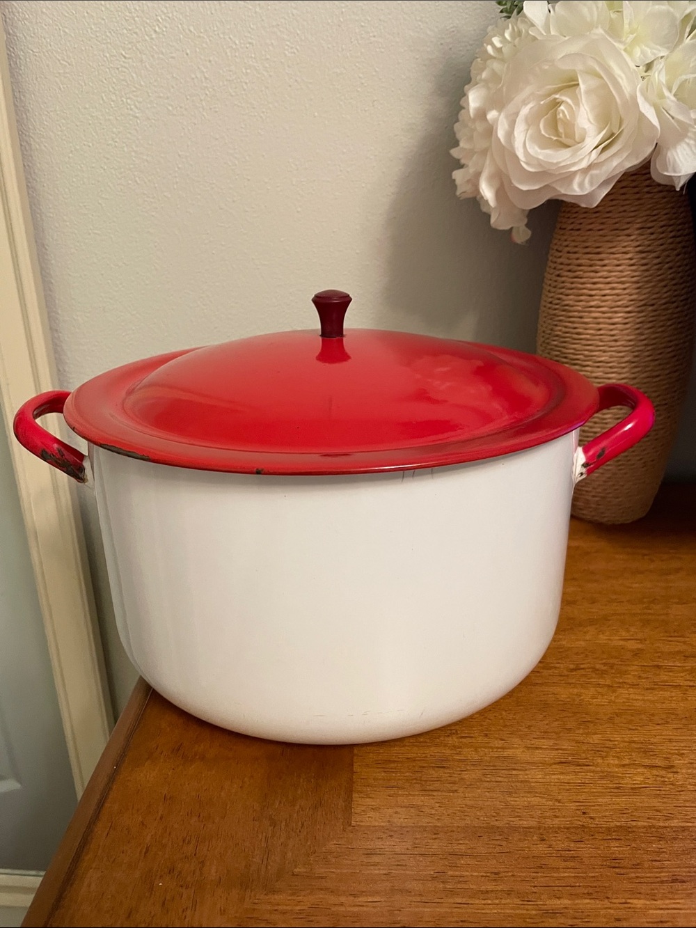 Vintage Antique Red & White Enamelware Large Stock Pot with Lid Double Handles